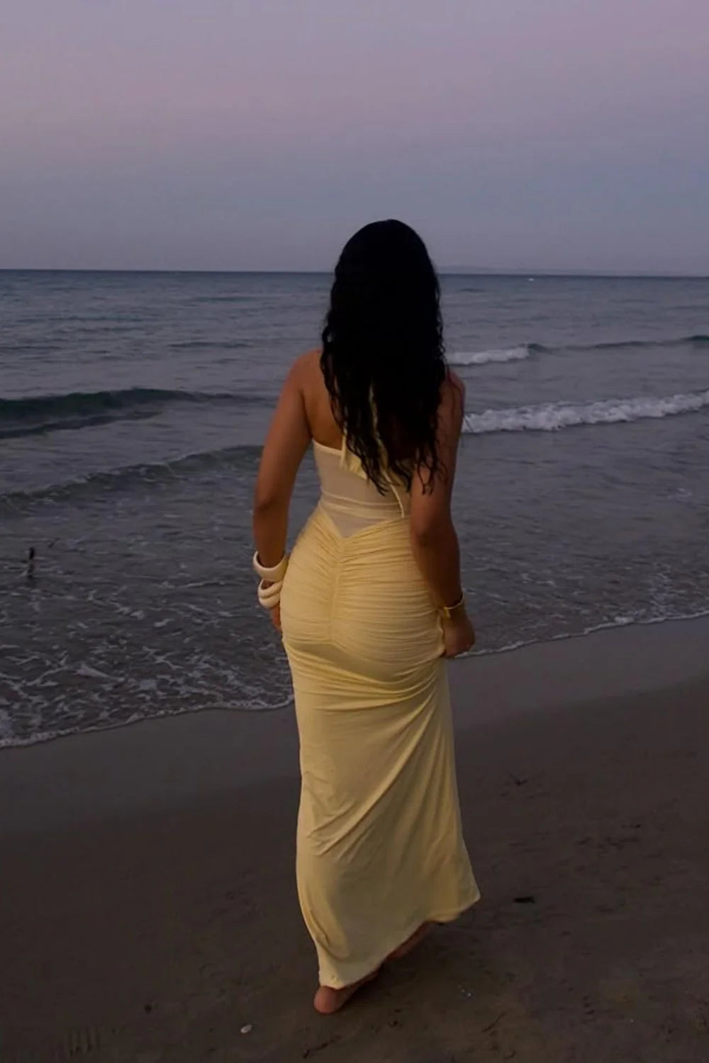 Elegant Halter Neck Twist Front Sheer Mesh Ruched Jersey Maxi Prom Dress