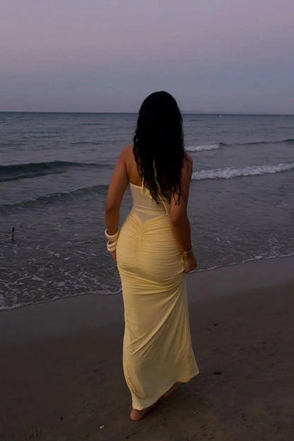 Elegant Halter Neck Twist Front Sheer Mesh Ruched Jersey Maxi Prom Dress