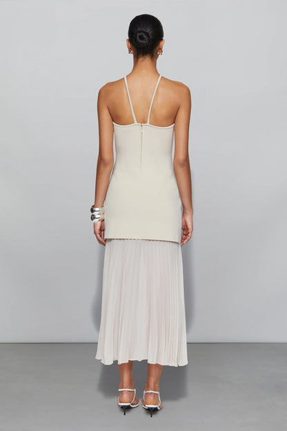Elegant Ivory Halter Neck Cut-Out Detail Knit Bodice Pleated Chiffon Midi Evening Dress