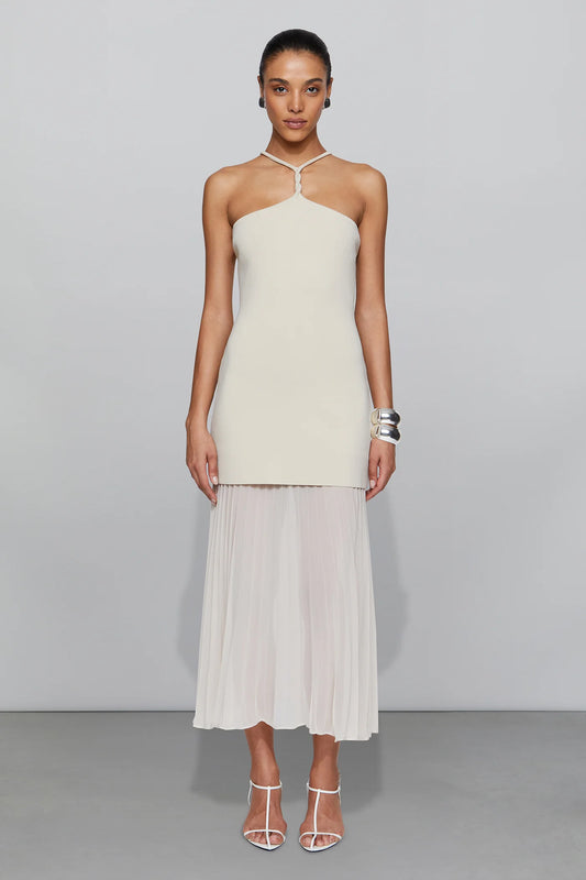 Elegant Ivory Halter Neck Cut-Out Detail Knit Bodice Pleated Chiffon Midi Evening Dress