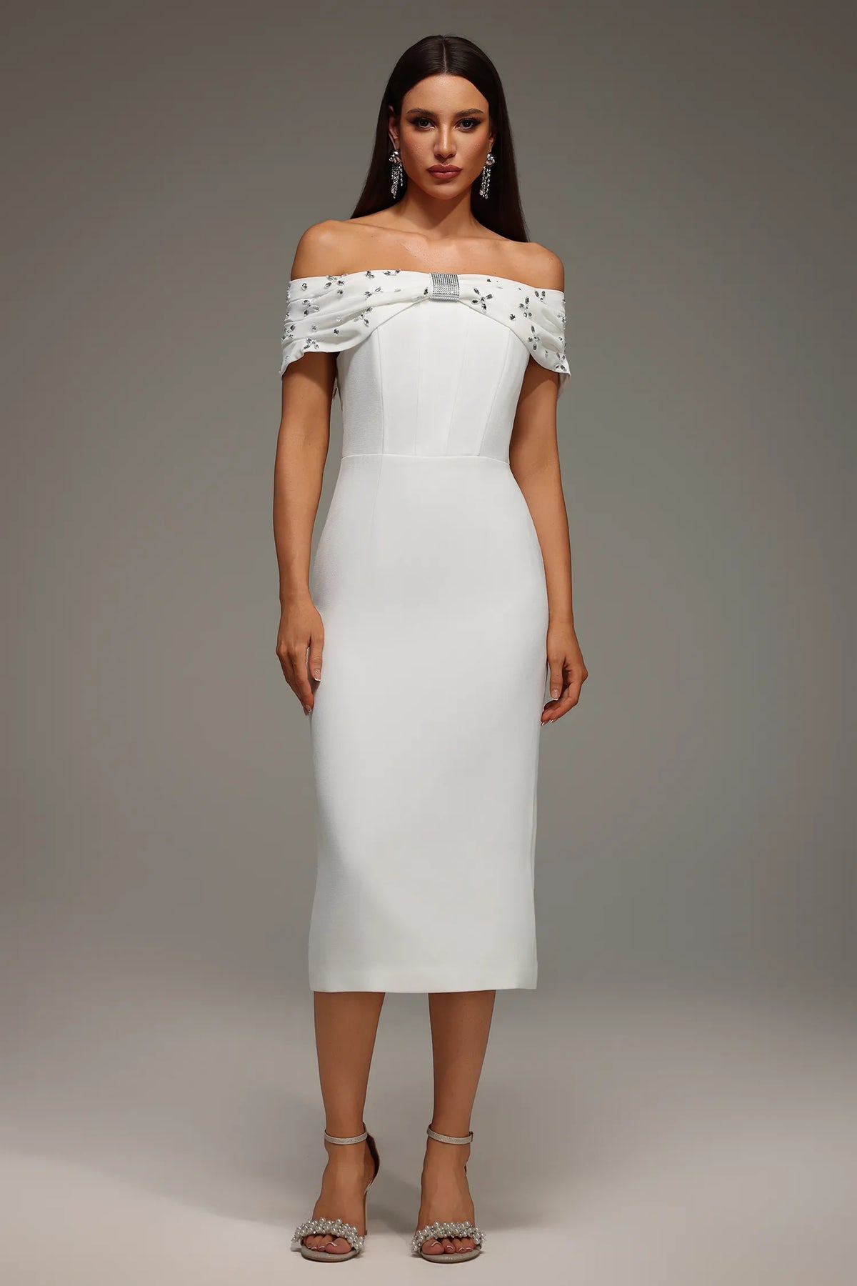 Elegant Ivory Off-the-Shoulder with Crystal Embellished Neckline and Tailored Midi Evening Dress