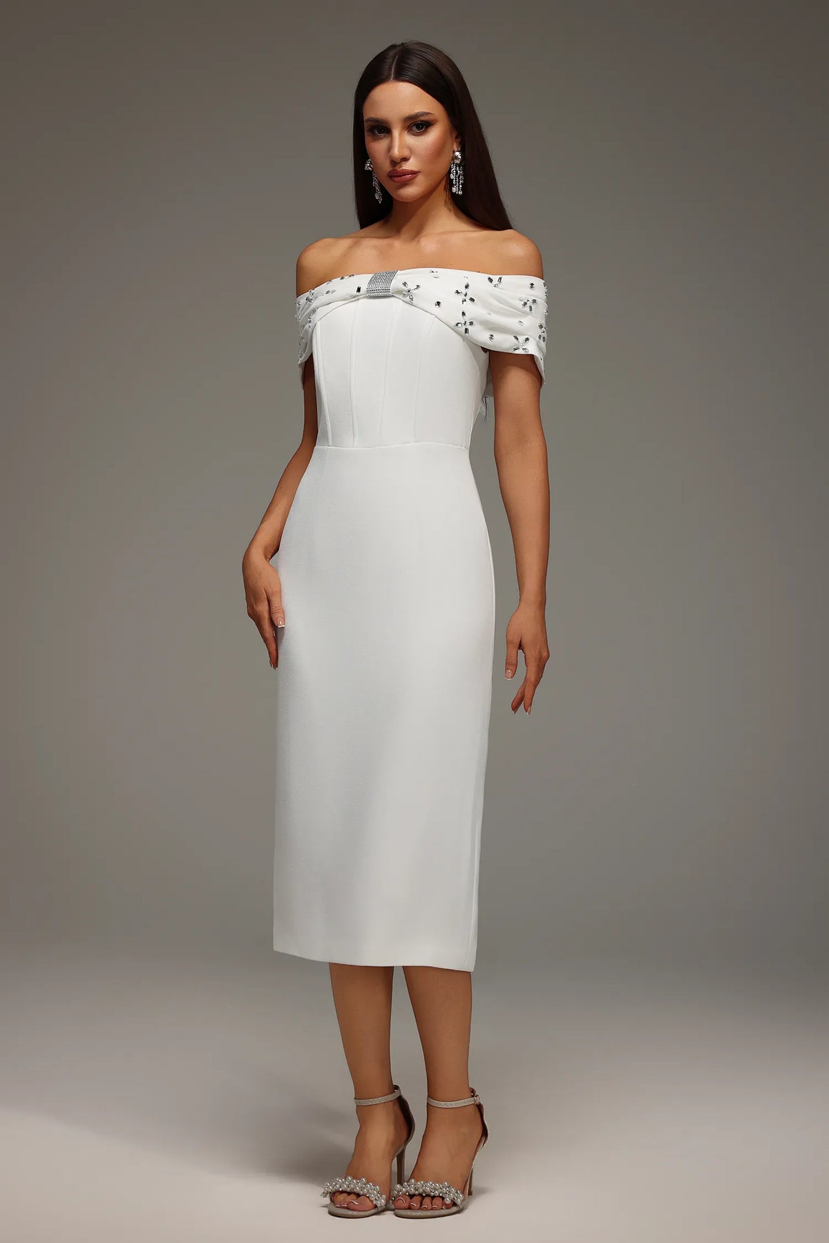 Elegant Ivory Off-the-Shoulder with Crystal Embellished Neckline and Tailored Midi Evening Dress