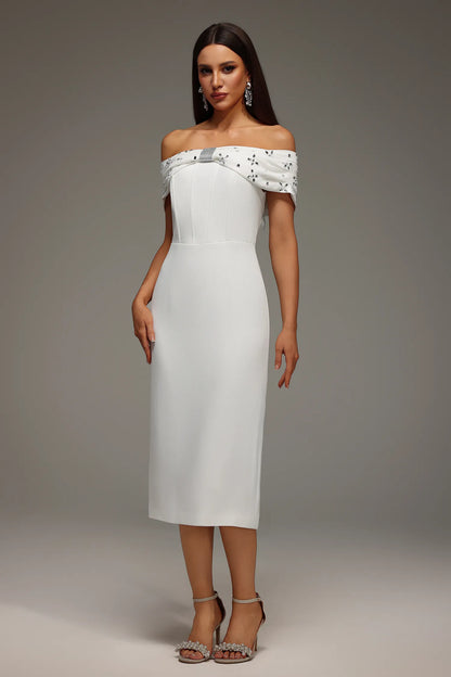 Elegant Ivory Off-the-Shoulder with Crystal Embellished Neckline and Tailored Midi Evening Dress