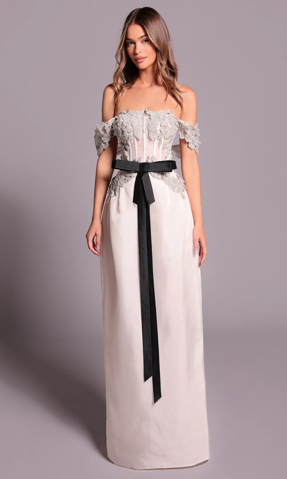 Elegant Ivory Satin Off-Shoulder Embellished Corset Bodice Black Bow A-Line Evening Dress
