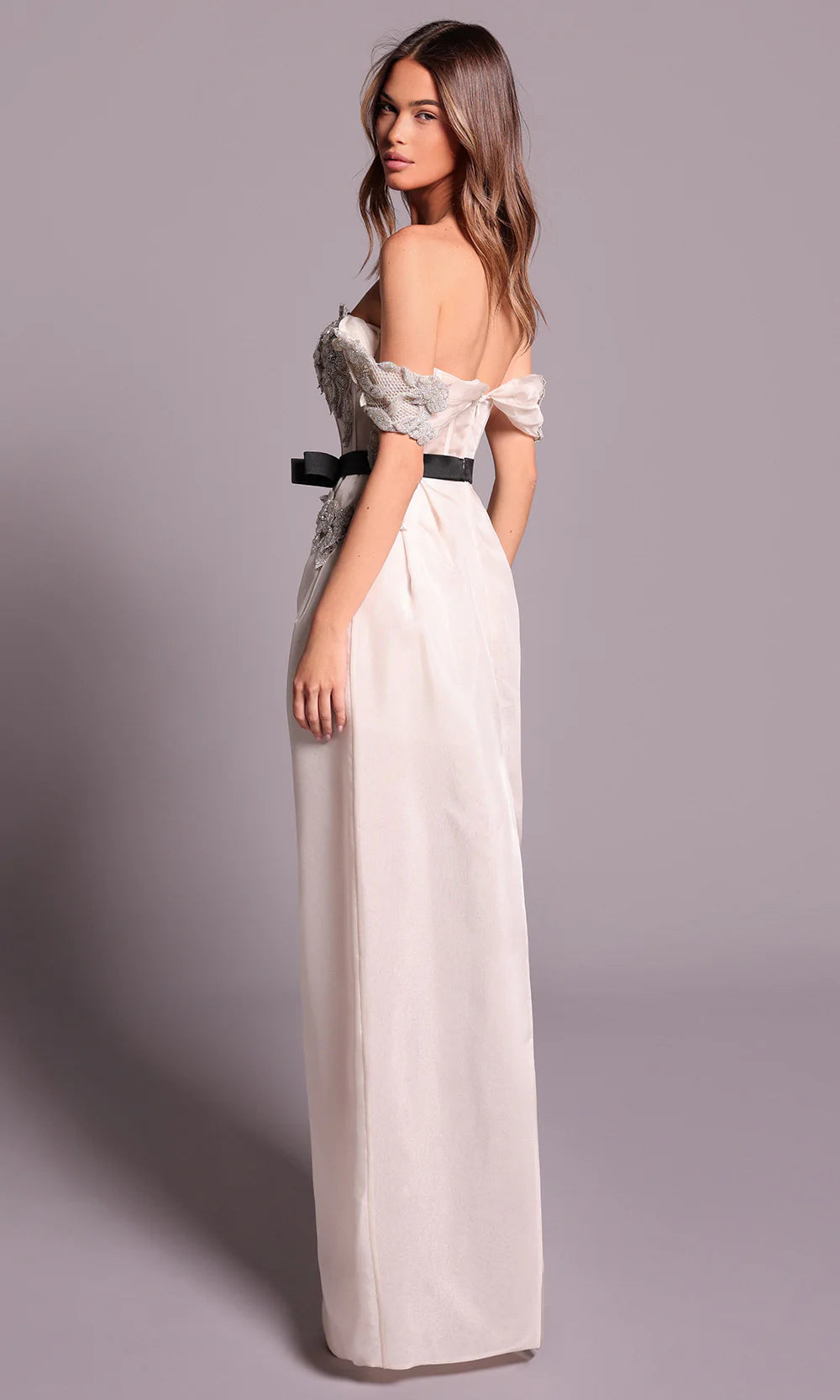 Elegant Ivory Satin Off-Shoulder Embellished Corset Bodice Black Bow A-Line Evening Dress