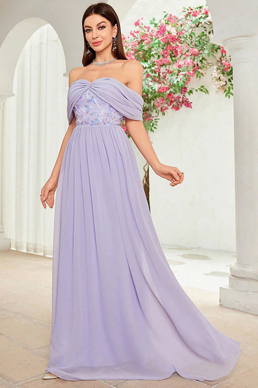 Elegant Lavender Chiffon Off-Shoulder Sequin Accent A-Line Evening Dress