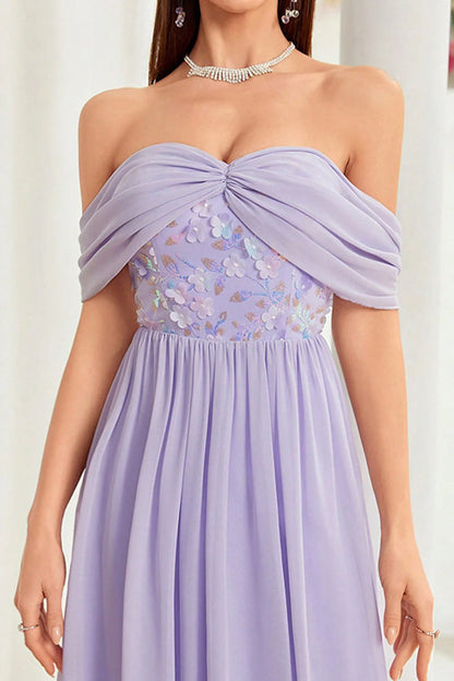 Elegant Lavender Chiffon Off-Shoulder Sequin Accent A-Line Evening Dress