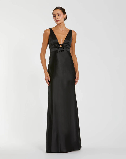 Elegant Mermaid V-Neck Sleeveless Bow-Detail Open-Back Prom Dress