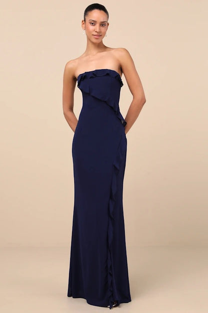 Elegant Navy Blue Strapless Ruffle Mermaid Bridesmaid Dress