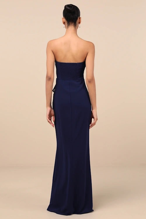 Elegant Navy Blue Strapless Ruffle Mermaid Bridesmaid Dress