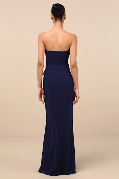 Elegant Navy Blue Strapless Ruffle Mermaid Bridesmaid Dress