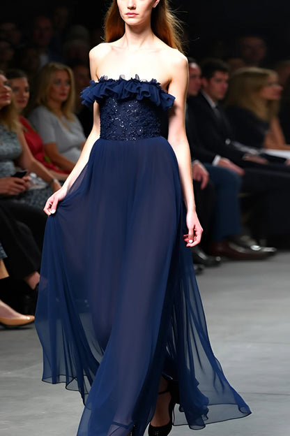 Elegant Navy Chiffon Strapless Ruffle Bodice Beaded Waist Open-Back Evening Dress