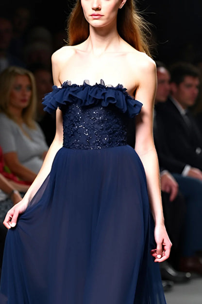 Elegant Navy Chiffon Strapless Ruffle Bodice Beaded Waist Open-Back Evening Dress