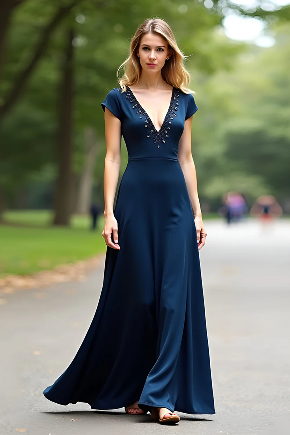 Elegant Navy Satin Short-Sleeve Beaded Plunge Open-Back Floor Length Evening Dress