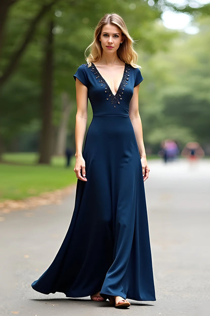 Elegant Navy Satin Short-Sleeve Beaded Plunge Open-Back Floor Length Evening Dress
