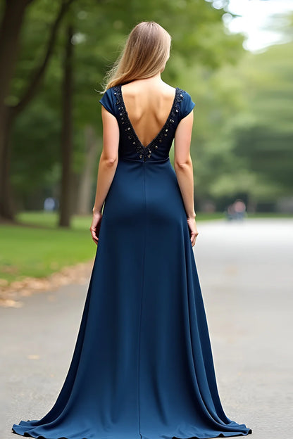 Elegant Navy Satin Short-Sleeve Beaded Plunge Open-Back Floor Length Evening Dress