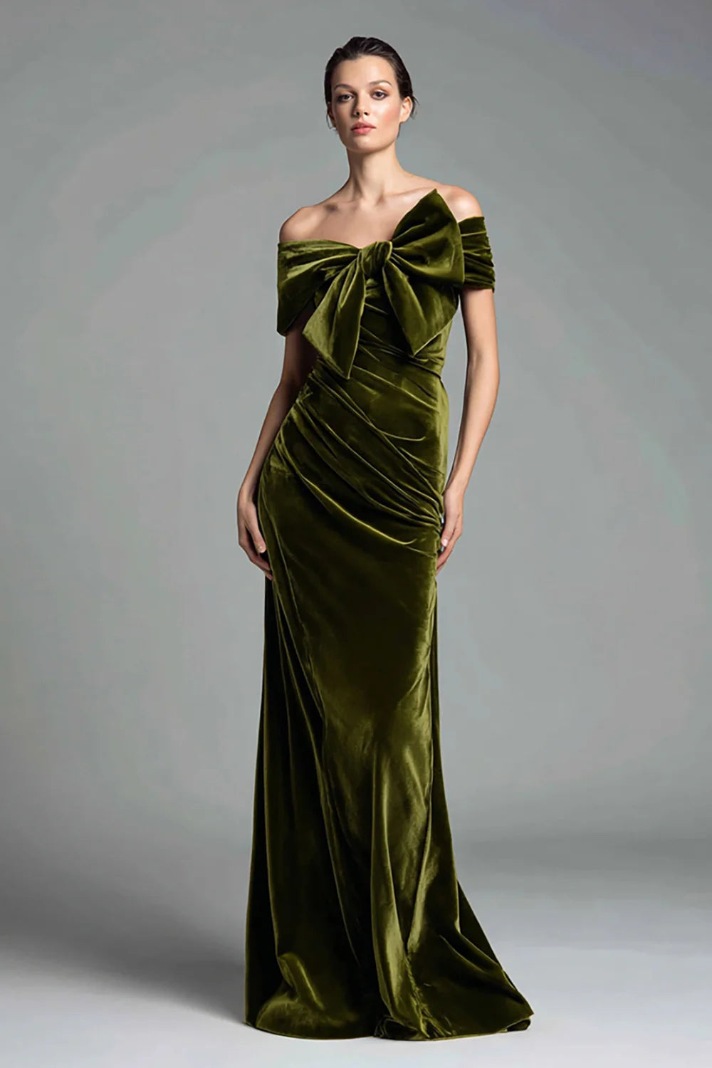 Elegant Olive Green Velvet Off-Shoulder Oversized Bow Ruched Mermaid Evening Dress