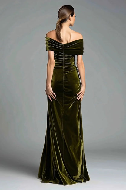 Elegant Olive Green Velvet Off-Shoulder Oversized Bow Ruched Mermaid Evening Dress