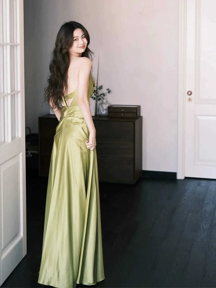 Elegant One Shoulder Cowl Neck Satin Backless Cut Out Ruched Waist Maxi Prom Dress