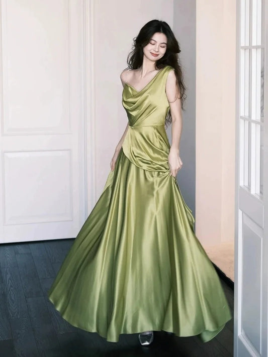 Elegant One Shoulder Cowl Neck Satin Backless Cut Out Ruched Waist Maxi Prom Dress