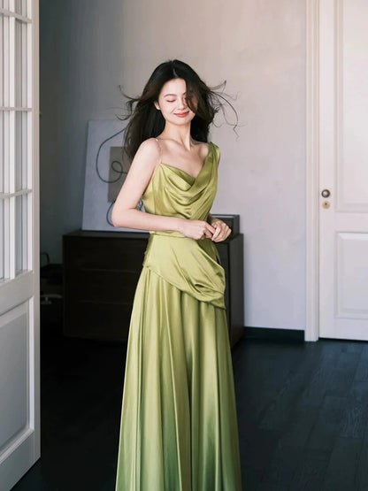 Elegant One Shoulder Cowl Neck Satin Backless Cut Out Ruched Waist Maxi Prom Dress