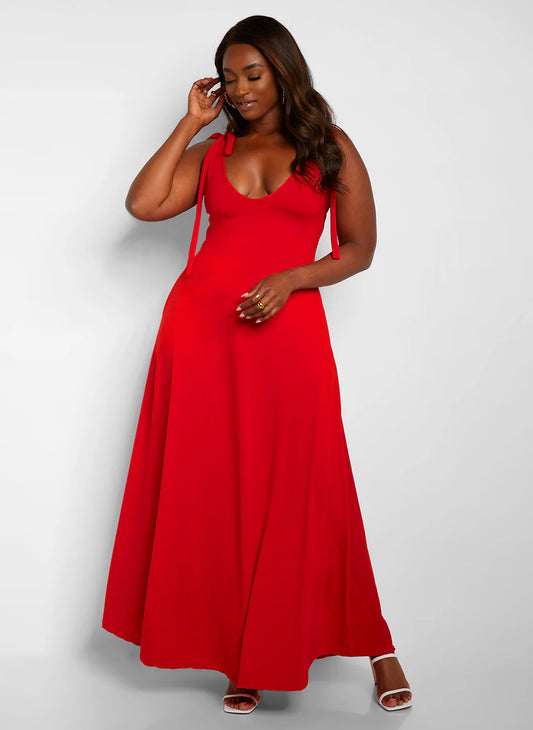 Elegant Red Tie Shoulder Deep V Neck Soft Jersey Flowy Maxi Evening Dress
