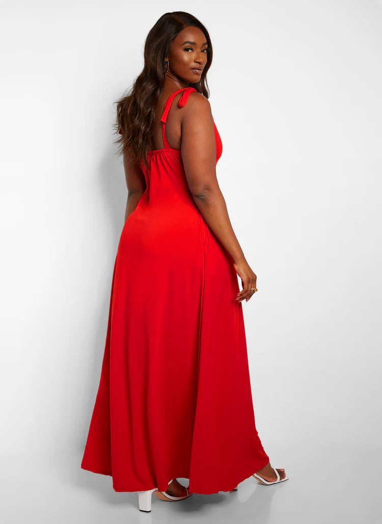 Elegant Red Tie Shoulder Deep V Neck Soft Jersey Flowy Maxi Evening Dress