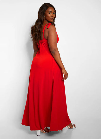 Elegant Red Tie Shoulder Deep V Neck Soft Jersey Flowy Maxi Evening Dress