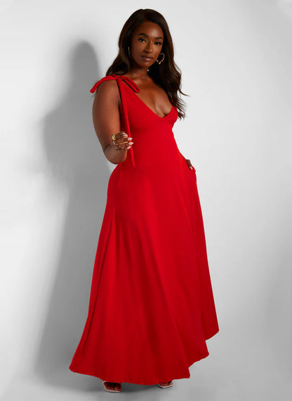 Elegant Red Tie Shoulder Deep V Neck Soft Jersey Flowy Maxi Evening Dress