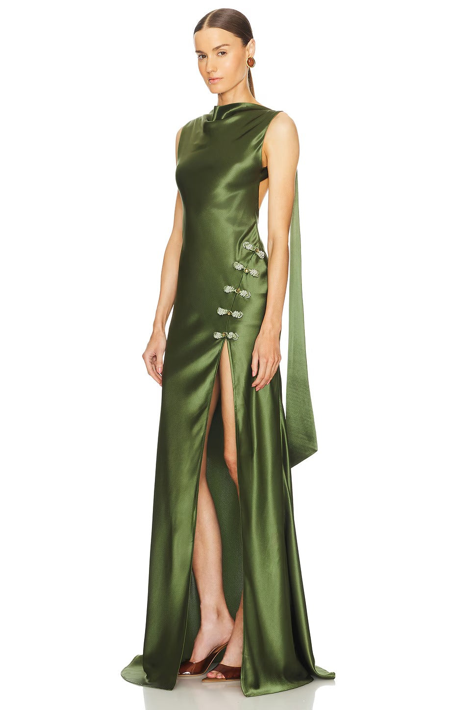 Elegant Satin Open-Back Evening Dresses with Crystal Buttons