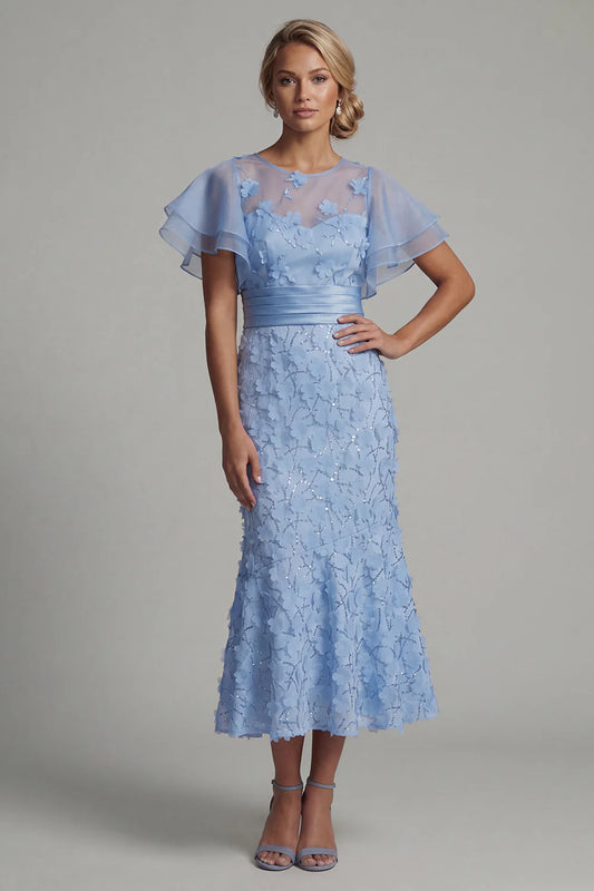 Elegant Sheer Ruffle Sleeve 3D Floral Applique Sequin Embellished Satin Waistband Mermaid Midi Prom Dress