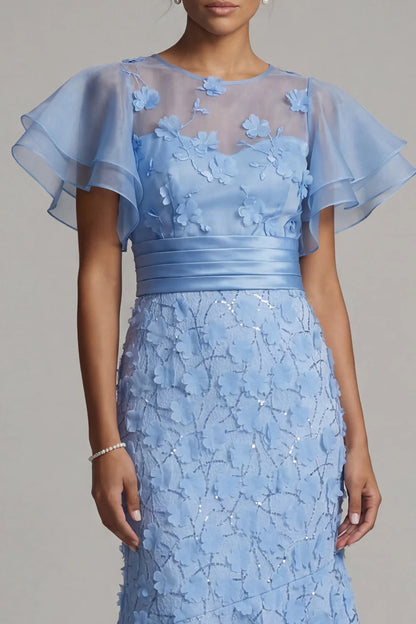 Elegant Sheer Ruffle Sleeve 3D Floral Applique Sequin Embellished Satin Waistband Mermaid Midi Prom Dress