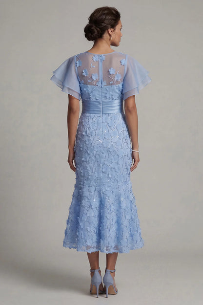 Elegant Sheer Ruffle Sleeve 3D Floral Applique Sequin Embellished Satin Waistband Mermaid Midi Prom Dress