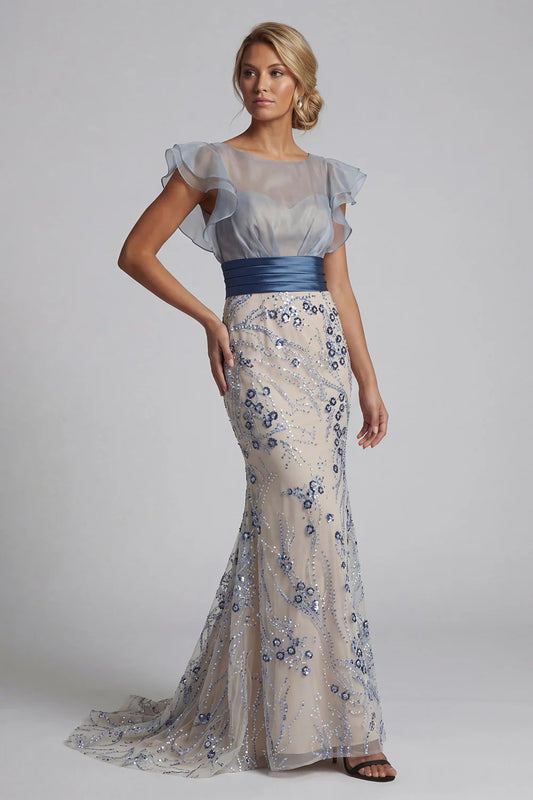 Elegant Sheer Ruffle Sleeve Sequin Floral Embellished Satin Waistband Mermaid Maxi Prom Dress