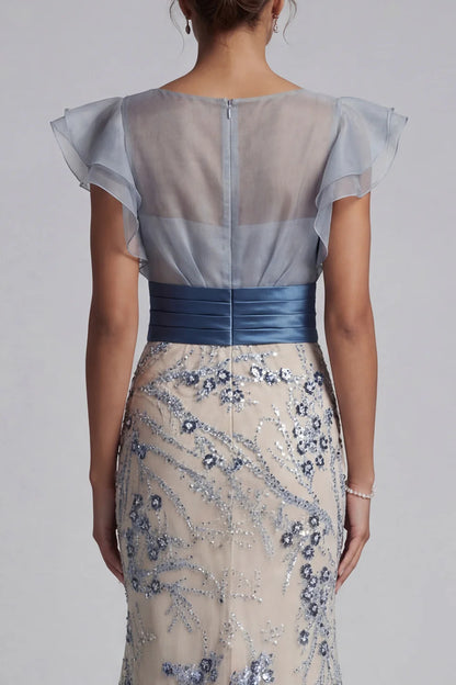 Elegant Sheer Ruffle Sleeve Sequin Floral Embellished Satin Waistband Mermaid Maxi Prom Dress
