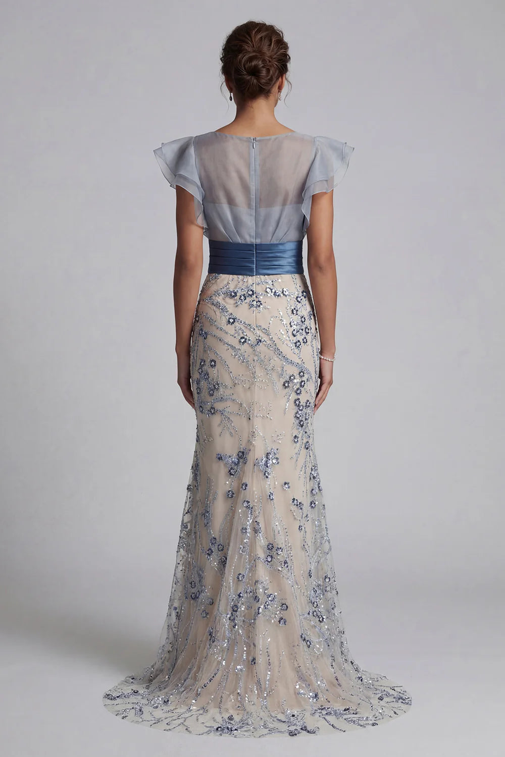 Elegant Sheer Ruffle Sleeve Sequin Floral Embellished Satin Waistband Mermaid Maxi Prom Dress
