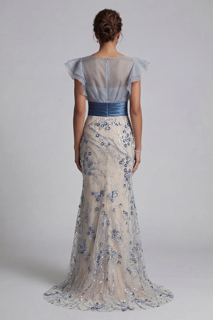 Elegant Sheer Ruffle Sleeve Sequin Floral Embellished Satin Waistband Mermaid Maxi Prom Dress