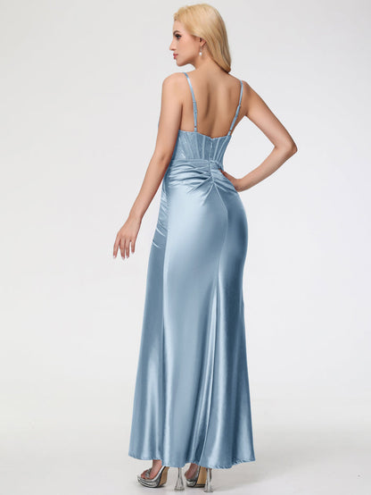 Elegant Sky Blue Satin Spaghetti-Strap Lace-Embellished Ruched High-Slit Evening Dress
