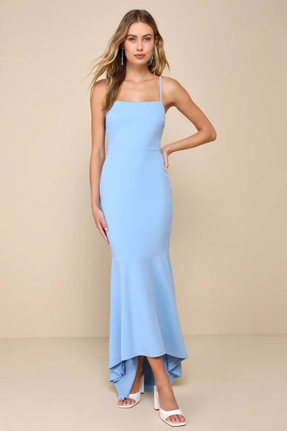 Elegant Sky Blue Square Neck Open-Back Trumpet Bridesmaid Dress