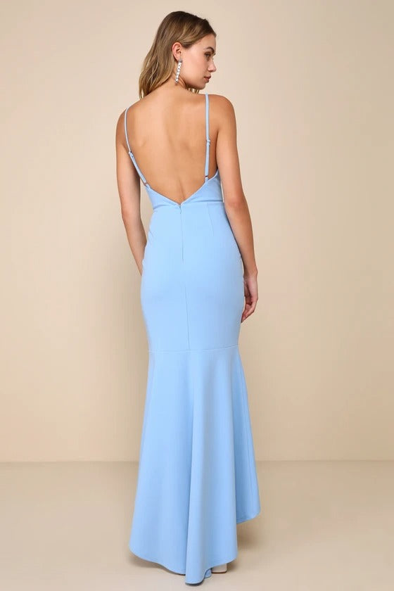 Elegant Sky Blue Square Neck Open-Back Trumpet Bridesmaid Dress