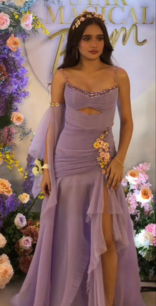 Elegant Spaghetti Strap Beaded Cutout 3D Floral Chiffon Mermaid Evening Dress