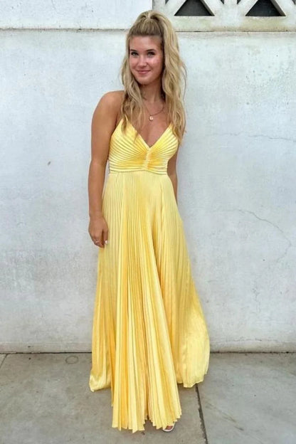 Elegant Spaghetti Strap Deep V Neck Pleated Back Tie Cut Out Maxi Prom Dress