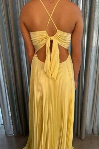 Elegant Spaghetti Strap Deep V Neck Pleated Back Tie Cut Out Maxi Prom Dress