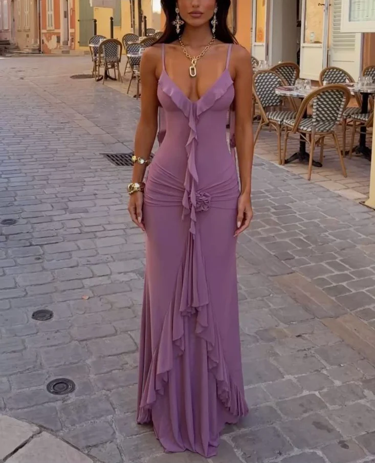 Elegant Spaghetti Strap Ruffle Trim 3D Floral Ruched Maxi Evening Dress
