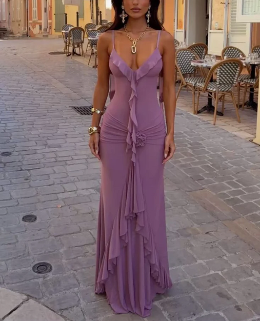 Elegant Spaghetti Strap Ruffle Trim 3D Floral Ruched Maxi Evening Dress