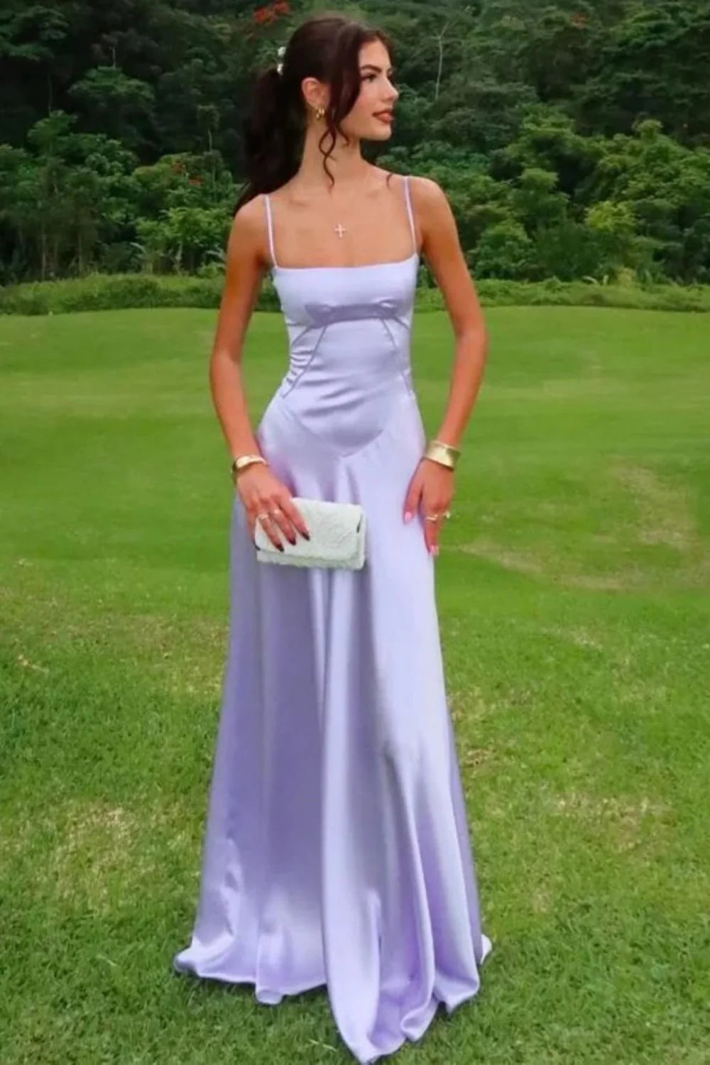Elegant Spaghetti Strap Square Neck Bow Detail Satin Lace Up Back Maxi Prom Dress