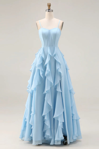 Elegant Spaghetti Strap Sweetheart Neck Corset Bodice Tiered Ruffle Lace Up Back Chiffon Prom Dress