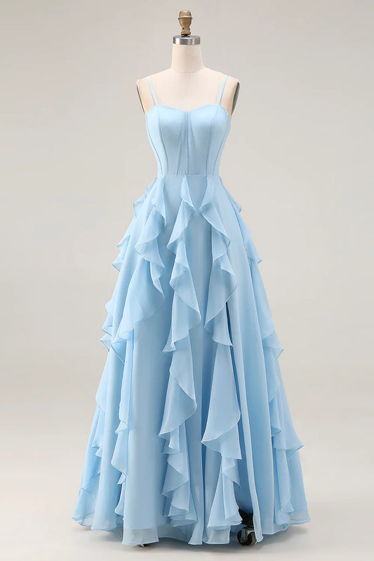 Elegant Spaghetti Strap Sweetheart Neck Corset Bodice Tiered Ruffle Lace Up Back Chiffon Prom Dress