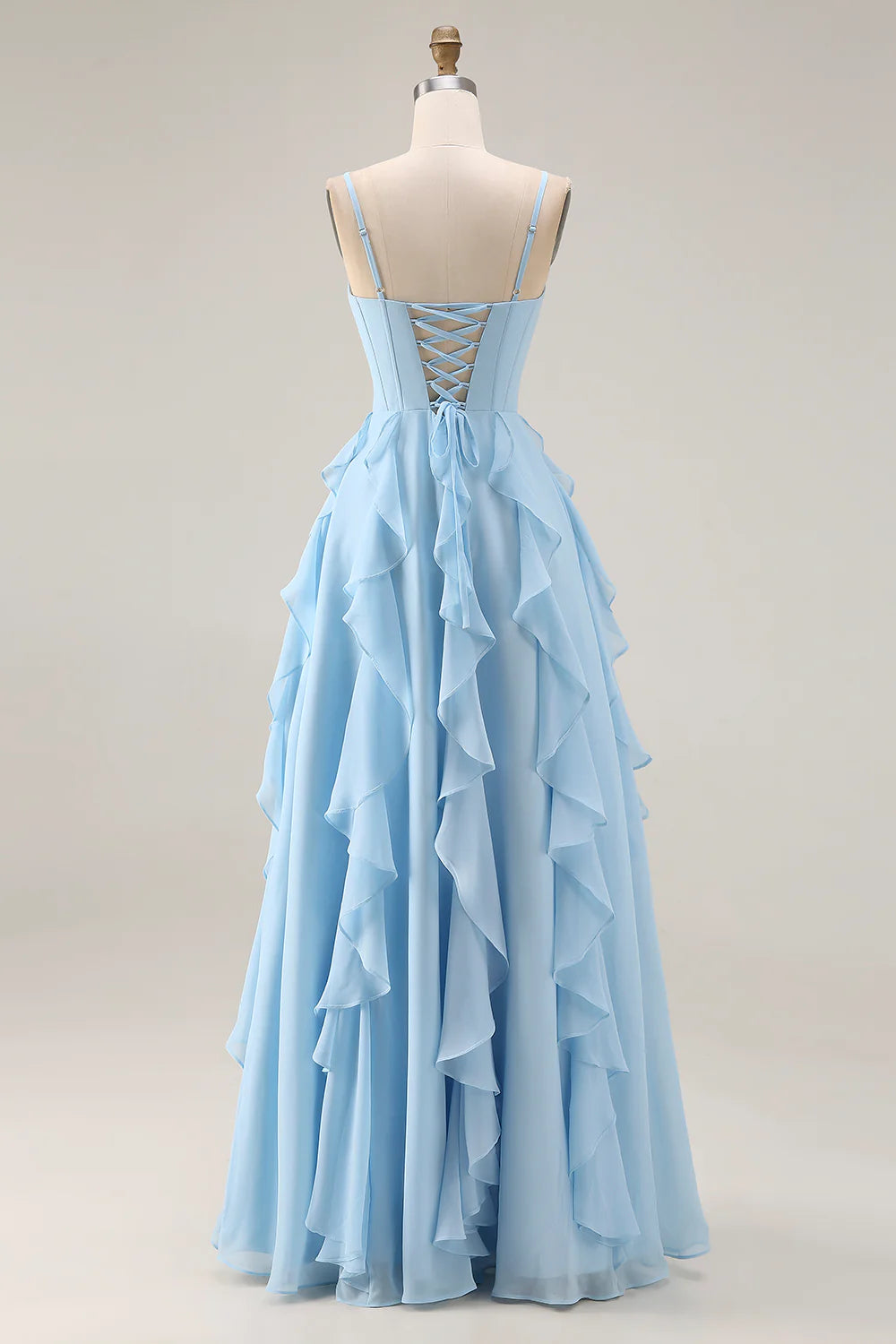 Elegant Spaghetti Strap Sweetheart Neck Corset Bodice Tiered Ruffle Lace Up Back Chiffon Prom Dress