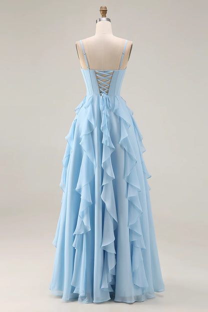 Elegant Spaghetti Strap Sweetheart Neck Corset Bodice Tiered Ruffle Lace Up Back Chiffon Prom Dress